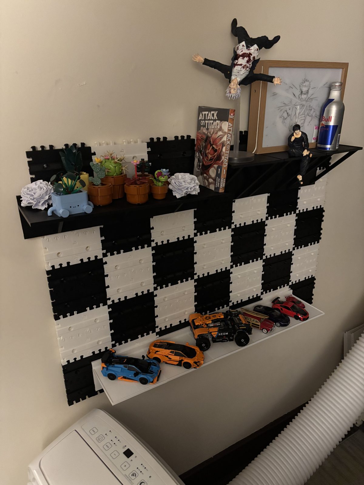 Printed interlocking checkerboard wall panels and shelves.